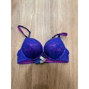 Victoria's Secret Miraculous Plunge Bra 34A Blue Purple Floral Lace Push Up